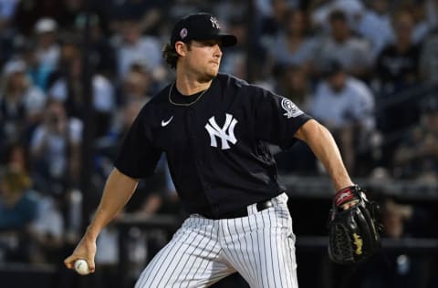 TAMPA, FLORIDA - FEBRUARY 24: Gerrit Cole #45 of the New York Yankees delivers a pitch in the first inning during the spring training game against the Pittsburgh Pirates at Steinbrenner Field on February 24, 2020 in Tampa, Florida. (Photo by Mark Brown/Getty Images)