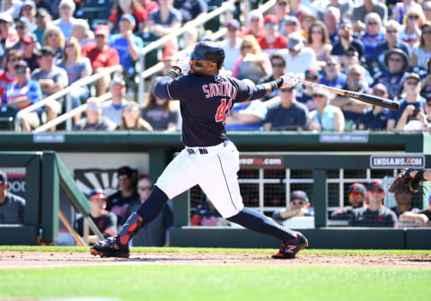 GOODYEAR, ARIZONA – MARCH 07: Carlos Santana #41 of the Cleveland Indians follows through on a swing against the Chicago Cubs during a spring training game at Goodyear Ballpark on March 07, 2020 in Goodyear, Arizona. (Photo by Norm Hall/Getty Images)