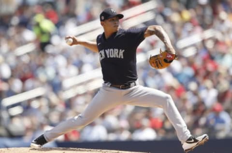 WEST PALM BEACH, FLORIDA – MARCH 12: Jonathan Loaisiga #43 of the New York Yankees in action against the Washington Nationals at FITTEAM Ballpark of The Palm Beaches on March 12, 2020 in West Palm Beach, Florida. (Photo by Michael Reaves/Getty Images)