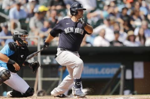 JUPITER, FLORIDA – MARCH 11: Mike Ford #72 of the New York Yankees at bat against the Miami Marlins during a Grapefruit League spring training at Roger Dean Stadium on March 11, 2020 in Jupiter, Florida. (Photo by Michael Reaves/Getty Images)