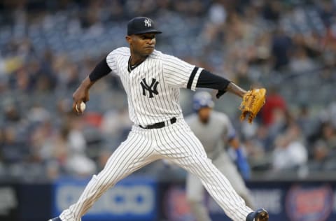 NEW YORK, NEW YORK - APRIL 18: (NEW YORK DAILIES OUT) Domingo German #55 of the New York Yankees in action against the Kansas City Royals at Yankee Stadium on April 18, 2019 in New York City. The Royals defeated the Yankees 6-1. (Photo by Jim McIsaac/Getty Images)