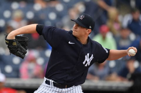 TAMPA, FLORIDA - FEBRUARY 26: Zack Britton #53 of the New York Yankees delivers a pitch during the spring training game against the Washington Nationals at Steinbrenner Field on February 26, 2020 in Tampa, Florida. (Photo by Mark Brown/Getty Images)