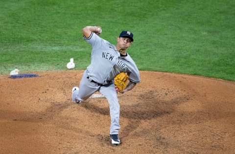 PHILADELPHIA, PA - AUGUST 05: Jonathan Loaisiga #43 of the New York Yankees throws a pitch in the bottom of the second inning against the Philadelphia Phillies during Game Two of the doubleheader at Citizens Bank Park on July 27, 2020 in Philadelphia, Pennsylvania. (Photo by Mitchell Leff/Getty Images)