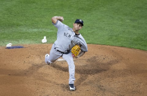 PHILADELPHIA, PA - AUGUST 05: Jonathan Loaisiga #43 of the New York Yankees throws a pitch in the bottom of the second inning against the Philadelphia Phillies during Game Two of the doubleheader at Citizens Bank Park on July 27, 2020 in Philadelphia, Pennsylvania. (Photo by Mitchell Leff/Getty Images)