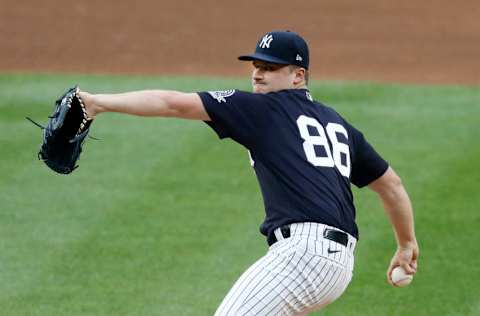 NEW YORK, NEW YORK - JULY 06: (NEW YORK DAILIES OUT) Clarke Schmidt #86 of the New York Yankees pitches during a simulated game at Yankee Stadium on July 06, 2020 in New York City. (Photo by Jim McIsaac/Getty Images)