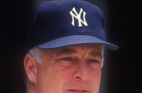 BALTIMORE, MD – JUNE 3: Manager Stump Merrill #46 of the New York Yankees looks on during a baseball game against the Baltimore Orioles at Memorial Stadium on June 3, 1990 in Baltimore, Maryland. (Photo by Mitchell Layton/Getty Images)