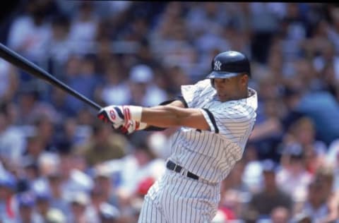 4 Jul 2000: David Justice #28 of the New York Yankees swings at the pitch during a game against the Baltimore Orioles at the Yankees Stadium in New York. The Orioles defeated the Yankees 7-6.Mandatory Credit: Jamie Squire /Allsport