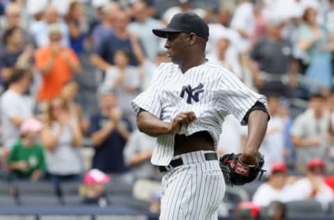 NEW YORK, NY – JULY 14: (NEW YORK DAILIES OUT) Rafael Soriano #29 of the New York Yankees celebrates after defeating the Los Angeles Angels of Anaheim at Yankee Stadium on July 14, 2012 in the Bronx borough of New York City. The Yankees defeated the Angels 5-3. (Photo by Jim McIsaac/Getty Images)