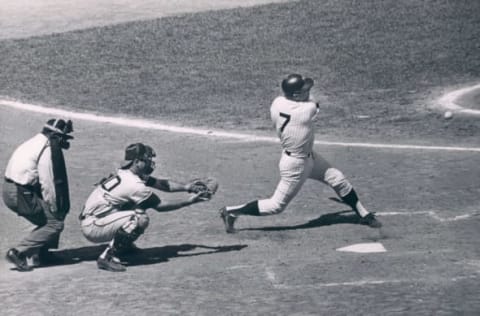 UNSPECIFIED – UNDATED: Mickey Mantle showing off his batting style at Yankee Stadium in this undated photo. (Photo by Sports Studio Photos/Getty Images)