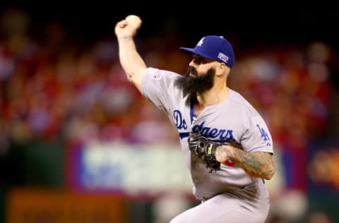 ST LOUIS, MO - OCTOBER 06: Brian Wilson #00 of the Los Angeles Dodgers pitches in the eighth inning against the St. Louis Cardinals in Game Three of the National League Division Series at Busch Stadium on October 6, 2014 in St Louis, Missouri. (Photo by Dilip Vishwanat/Getty Images)