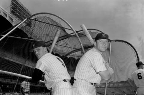 BRONX, NY – 1961: ( l to r) Outfielders Roger Maris and Mickey Mantle of the New York Yankees pose for a portrait prior to a game at Yankee Stadium in New York in 1961. (Olen Collection/Diamond Images/Getty Images)