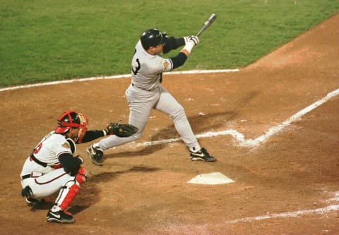 23 Oct 1996: Jim Leyritz of the New York Yankees blasts a 3 RBI home run in the 8th inning to tie the Atlanta Braves in game four of the World Series at Fulton County Stadium in Atlanta, Georgia. Mandatory Credit: Doug Pensinger/Allsport