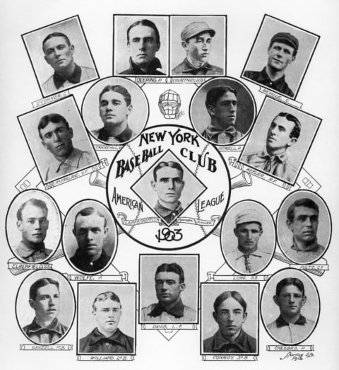 NEW YORK – 1903. The 1903 New York Highlanders pose for portraits made into this team photo collage by the Sporting Life newspaper in 1903. Willie Keeler, second row down, far right, Herman Long, third row, second from right, plus Clark Griffith, manager and second baseman, center, and Jack Chesbro, bottom row, far right, are the stars of the team. (Photo by Mark Rucker/Transcendental Graphics, Getty Images)