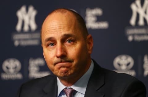 NEW YORK, NY - DECEMBER 06: Senior Vice President, General Manager Brian Cashman speaks to the media prior to introducing Aaron Boone as New York Yankee manager at Yankee Stadium on December 6, 2017 in the Bronx borough of New York City. (Photo by Mike Stobe/Getty Images)