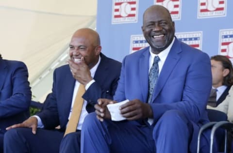 Former Yankees Mariano Rivera and Lee Smith during their Hall of Fame induction.(Photo by Jim McIsaac/Getty Images)