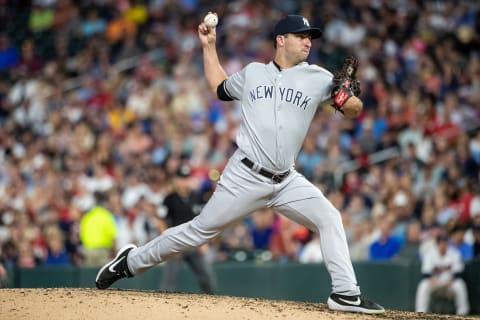 David Hale #75 of the New York Yankees (Photo by Brace Hemmelgarn/Minnesota Twins/Getty Images)