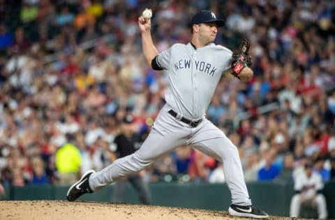 MINNEAPOLIS, MN - JULY 23: David Hale #75 of the New York Yankees pitches against the Minnesota Twins on July 23, 2019 at the Target Field in Minneapolis, Minnesota. The Yankees defeated the Twins 14-12. (Photo by Brace Hemmelgarn/Minnesota Twins/Getty Images)