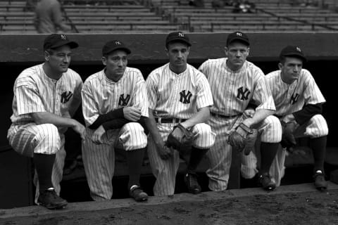 New York Yankees legends (l to r) Lou Gehrig #4, Tony Lazzeri #6, Frankie Crosetti #1, Red Rolfe #2 and Don Heffner #10 – (Photo by Kidwiler Collection/Diamond Images/Getty Images)