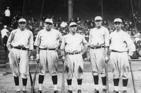 NEW YORK – 1921. Babe Ruth, New York Yankees outfielder, second from right, poses in Yankee Stadium in 1921 with teammates, a group known as “Murderers Row,” composed of (L-R) Wally Pipp, Ruth, Roger Peckinpaugh, Bob Meusel, and Frank “Home Run” Baker. (Photo by Mark Rucker/Transcendental Graphics, Getty Images)