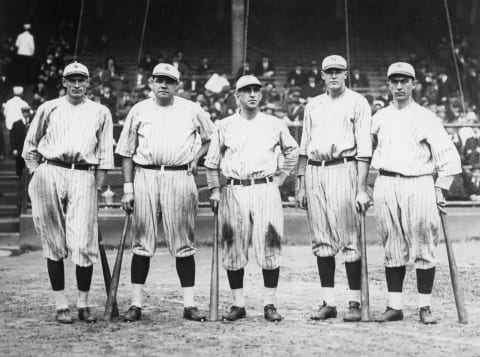 New York Yankees “Murderers Row,” composed of (L-R) Wally Pipp, Ruth, Roger Peckinpaugh, Bob Meusel, and Frank “Home Run” Baker. (Photo by Mark Rucker/Transcendental Graphics, Getty Images)