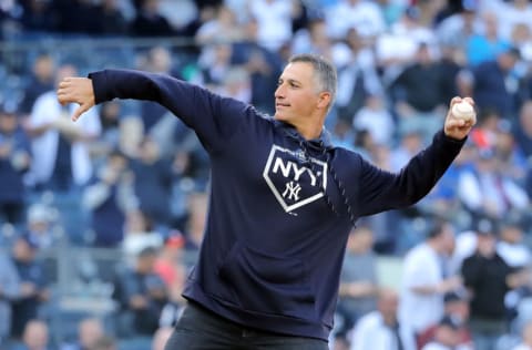 Former New York Yankees and Houston Astros pitcher Andy Pettitte throws out the ceremonial first pitch prior to game three of the American League Championship Series between the Houston Astros and the New York Yankees at Yankee Stadium on October 15, 2019 in New York City. (Photo by Elsa/Getty Images)