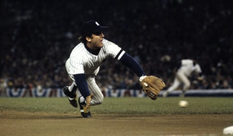 Graig Nettles #9 of the New York Yankees fielding during Game 2 (Photo by Ronald C. Modra/Getty Images)