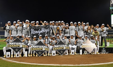 Jake Eder and the College World Series Champion Vanderbilt team (Photo by Peter Aiken/Getty Images)