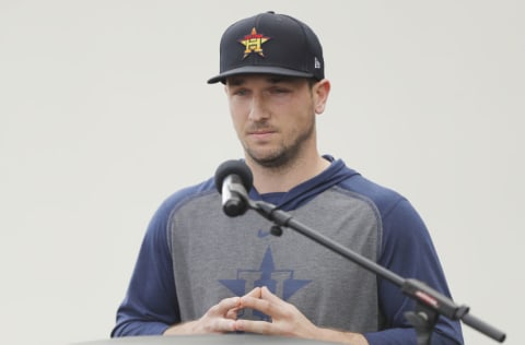 WEST PALM BEACH, FLORIDA - FEBRUARY 13: Alex Bregman #2 of the Houston Astros speaks during a press conference at FITTEAM Ballpark of The Palm Beaches on February 13, 2020 in West Palm Beach, Florida. (Photo by Michael Reaves/Getty Images)