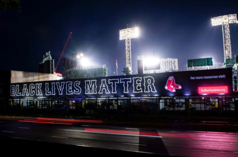 BOSTON, MA - JULY 22: A Black Lives Matter message from the Boston Red Sox is displayed on a billboard outside of Fenway Park before the start of the 2020 Major League Baseball season on July 22, 2020 at Fenway Park in Boston, Massachusetts. The season was delayed due to the coronavirus pandemic. (Photo by Billie Weiss/Boston Red Sox/Getty Images)