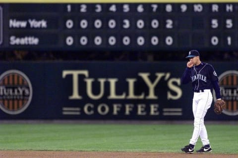 Alex Rodriguez of the Seattle Mariners stands in front of the scoreboard in the 9th inning, 14 October 2000, during Game 4 of the American League Championship Series against the New York Yankees (DAN LEVINE/AFP via Getty Images)