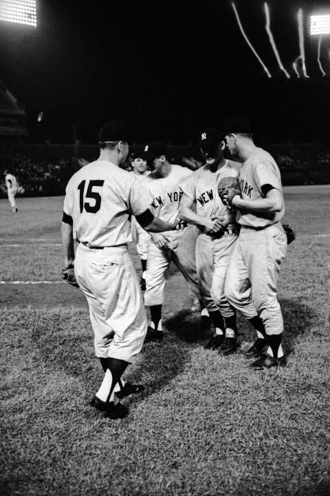 Tom Tresh #15 congratulates Whitey Ford #16 in 1961. (Photo by C&G Collections/Getty Images)