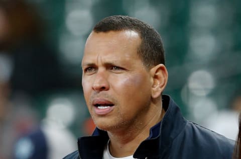 HOUSTON, TX - APRIL 14: Former New York Yankee and ESPN commentator Alex Rodriguez watches batting practice at Minute Maid Park on April 14, 2018 in Houston, Texas. (Photo by Bob Levey/Getty Images)