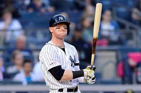 Clint Frazier #77 of the New York Yankees reacts against the Tampa Bay Rays at Yankee Stadium on May 17, 2019 in New York City. (Photo by Steven Ryan/Getty Images)