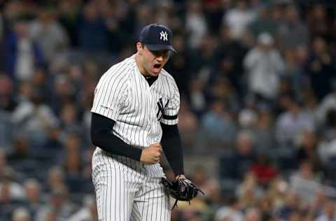 NEW YORK, NEW YORK - SEPTEMBER 18: (NEW YORK DAILIES OUT) Tommy Kahnle #48 of the New York Yankees in action against the Los Angeles Angels of Anaheim at Yankee Stadium on September 18, 2019 in New York City. The Angels defeated the Yankees 3-2. (Photo by Jim McIsaac/Getty Images)