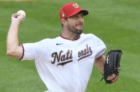 WASHINGTON, DC - AUGUST 22: Max Scherzer #31 of the Washington Nationals pitches in the third inning during game one of a doubleheader baseball game against the Miami Marlins at Nationals Park on August 22, 2020 in Washington, DC. (Photo by Mitchell Layton/Getty Images)