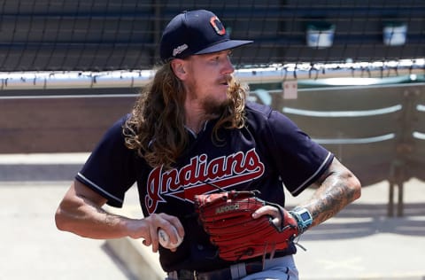 In this handout image provided by the Cleveland Indians, Mike Clevinger #52 of the Cleveland Indians throws during a summer workout in preparation for a shortened MLB season due to the coronavirus (COVID-19) pandemic at Progressive Field on July 03, 2020 in Cleveland, Ohio. (Photo by Dan Mendlik/Cleveland Indians via Getty Images)