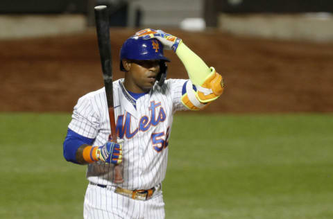 NEW YORK, NEW YORK - JULY 26: Yoenis Cespedes #52 of the New York Mets in action against the Atlanta Braves at Citi Field on July 26, 2020 in New York City. The 2020 season had been postponed since March due to the COVID-19 pandemic. The Braves defeated the Mets 14-1. (Photo by Jim McIsaac/Getty Images)