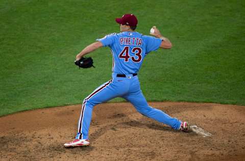 PHILADELPHIA, PA - AUGUST 06: Nick Pivetta #43 of the Philadelphia Phillies throws a pitch against the New York Yankees at Citizens Bank Park on August 6, 2020 in Philadelphia, Pennsylvania. The Phillies defeated the Yankees 5-4. (Photo by Mitchell Leff/Getty Images)