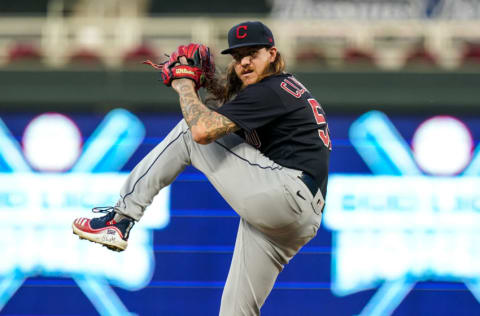 Mike Clevinger #52 of the Cleveland Indians pitches against the Minnesota Twins on July 31, 2020 at Target Field in Minneapolis, Minnesota. (Photo by Brace Hemmelgarn/Minnesota Twins/Getty Images)