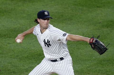 Gerrit Cole #45 of the New York Yankees in action against the Philadelphia Phillies at Yankee Stadium on August 03, 2020 in New York City. The Yankees defeated the Phillies 6-3. (Photo by Jim McIsaac/Getty Images)