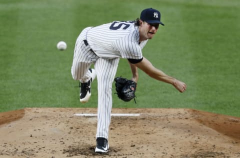 NEW YORK, NEW YORK - AUGUST 03: (NEW YORK DAILIES OUT) Gerrit Cole #45 of the New York Yankees in action against the Philadelphia Phillies at Yankee Stadium on August 03, 2020 in New York City. The Yankees defeated the Phillies 6-3. (Photo by Jim McIsaac/Getty Images)