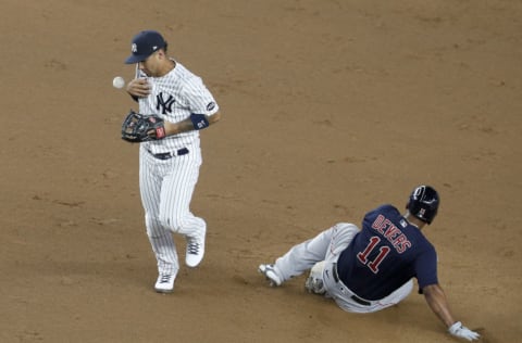 Gleyber Torres #25 of the New York Yankees in action against Rafael Devers #11 of the Boston Red Sox at Yankee Stadium on August 01, 2020 in New York City. The Yankees defeated the Red Sox 5-2. (Photo by Jim McIsaac/Getty Images)