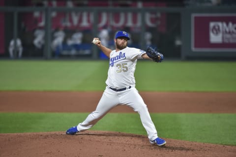 Relief pitcher Greg Holland #35 of the Kansas City Royals throws against the Minnesota Twins at Kauffman Stadium on August 7, 2020 in Kansas City, Missouri. (Photo by Ed Zurga/Getty Images)