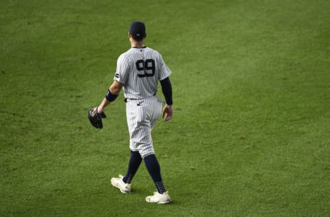 NEW YORK, NEW YORK - AUGUST 11: Aaron Judge #99 of the New York Yankees looks on in right field during the sixth inning against the Atlanta Braves at Yankee Stadium on August 11, 2020 in the Bronx borough of New York City. (Photo by Sarah Stier/Getty Images)