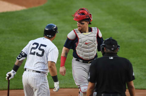 Christian Vazquez #7 of the Boston Red Sox looks on during the first inning against the New York Yankees at Yankee Stadium on August 14, 2020 in the Bronx borough of New York City. (Photo by Sarah Stier/Getty Images)