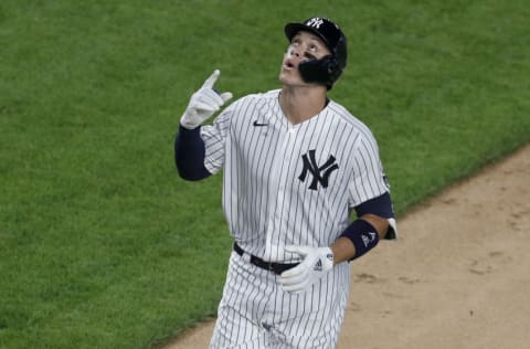 Aaron Judge #99 of the New York Yankees celebrates his fifth inning home run against the Atlanta Braves at Yankee Stadium on August 11, 2020 in New York City. The Yankees defeated the Braves 9-6. (Photo by Jim McIsaac/Getty Images)