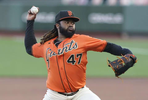 Johnny Cueto #47 of the San Francisco Giants pitches against the Oakland Athletics in the top of the first inning at Oracle Park on August 14, 2020 in San Francisco, California. (Photo by Thearon W. Henderson/Getty Images)