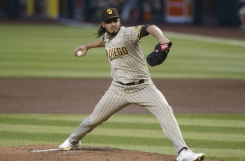 PHOENIX, ARIZONA - AUGUST 14: Starting pitcher Dinelson Lamet #29 of the San Diego Padres throws a pitch against the Arizona Diamondbacks during the second inning of the MLB game at Chase Field on August 14, 2020 in Phoenix, Arizona. (Photo by Ralph Freso/Getty Images)