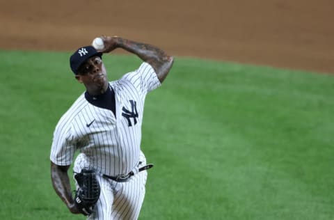 Aroldis Chapman #54 of the New York Yankees pitches against the Boston Red Sox during their game at Yankee Stadium on August 17, 2020 in New York City. (Photo by Al Bello/Getty Images)