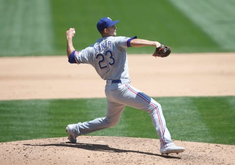 Mike Minor #23 of the Texas Rangers pitches during the game against the Oakland Athletics at RingCentral Coliseum on August 6, 2020 in Oakland, California. The Athletics defeated the Rangers 6-4. (Photo by Michael Zagaris/Oakland Athletics/Getty Images)